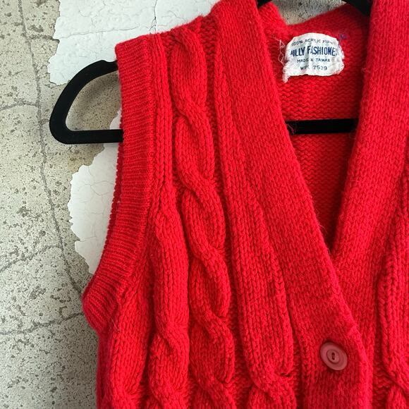 Vintage Cable Knit Sweater Vest Chunky Knit Sleeveless Cardigan 70s Retro Preppy - Picture 4 of 5